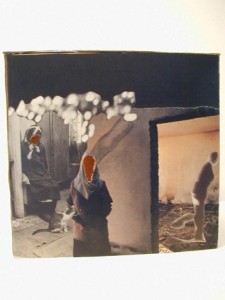 Collage artwork depicting headscarf-wearing figures in grayscale with redacted faces, a cat, a partially torn wall, and a ghostly figure in a second room.