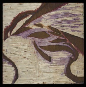 Abstract artwork featuring dynamic, curved shapes in earthy brown, beige, and violet tones, carved or textured onto a flat surface.