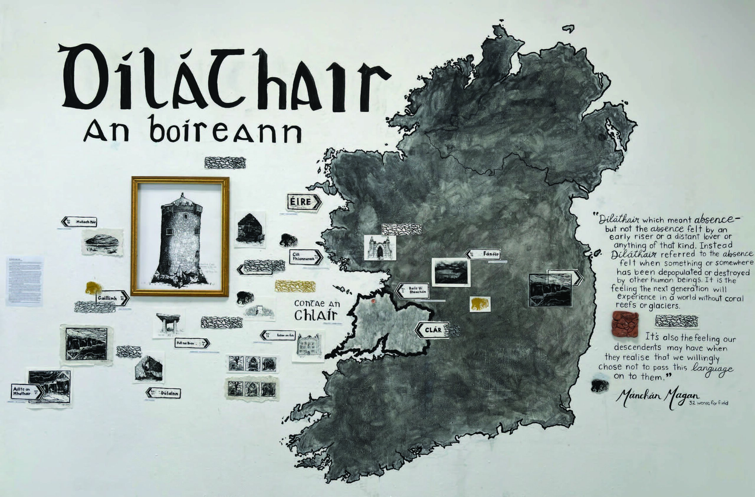 Map of Ireland, surrounded by additional artworks