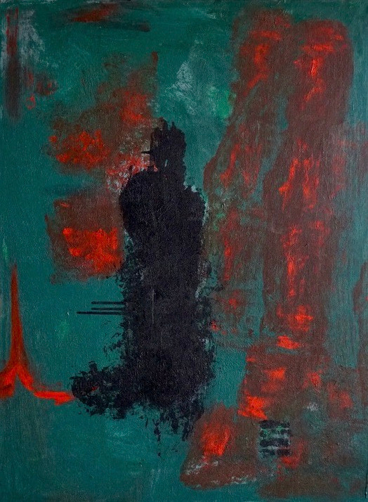 Abstract painting featuring a dark silhouette over teal and red color fields